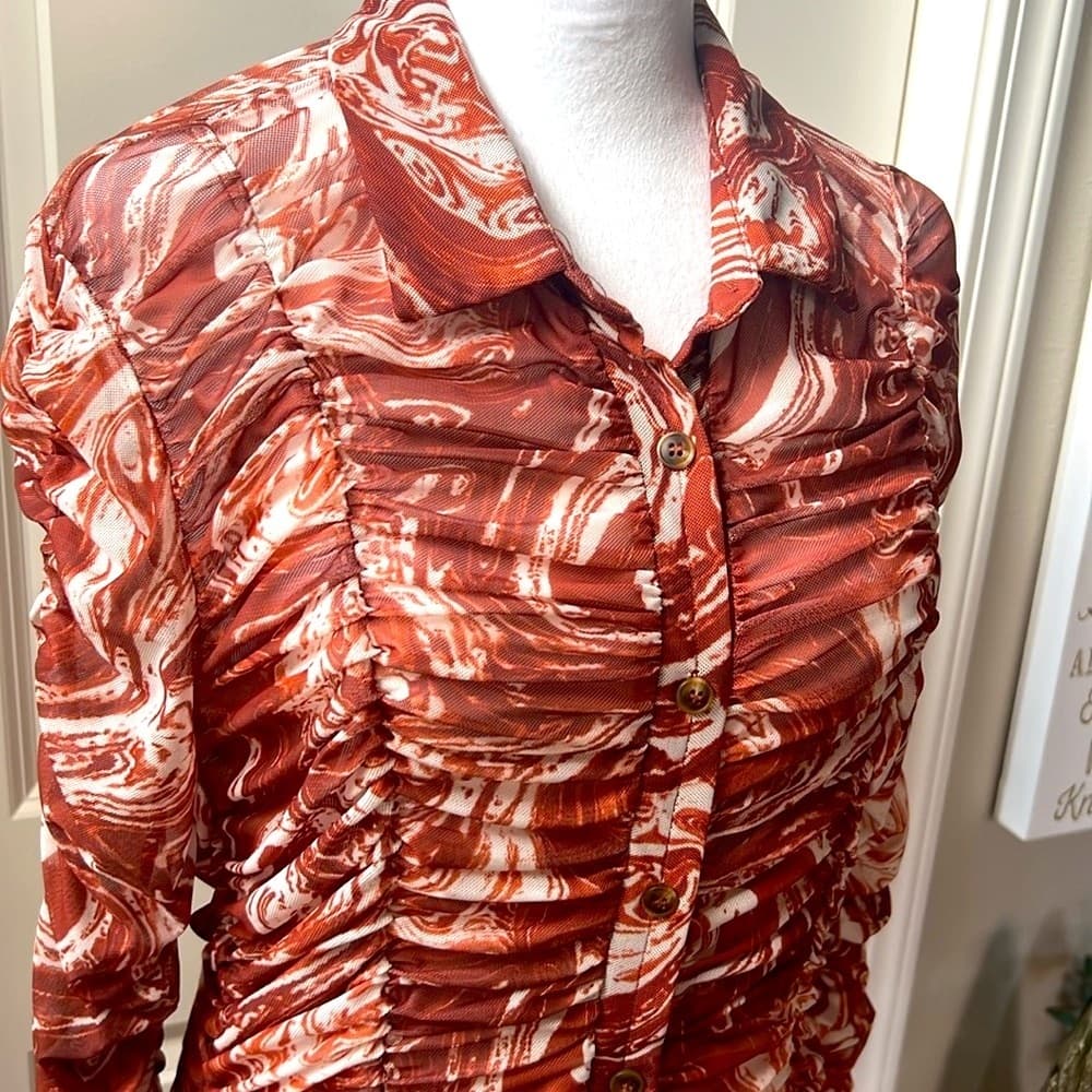 Chocolate brown gathered see through button long sleeve stretchy dress brown XL - Thumbnail 8
