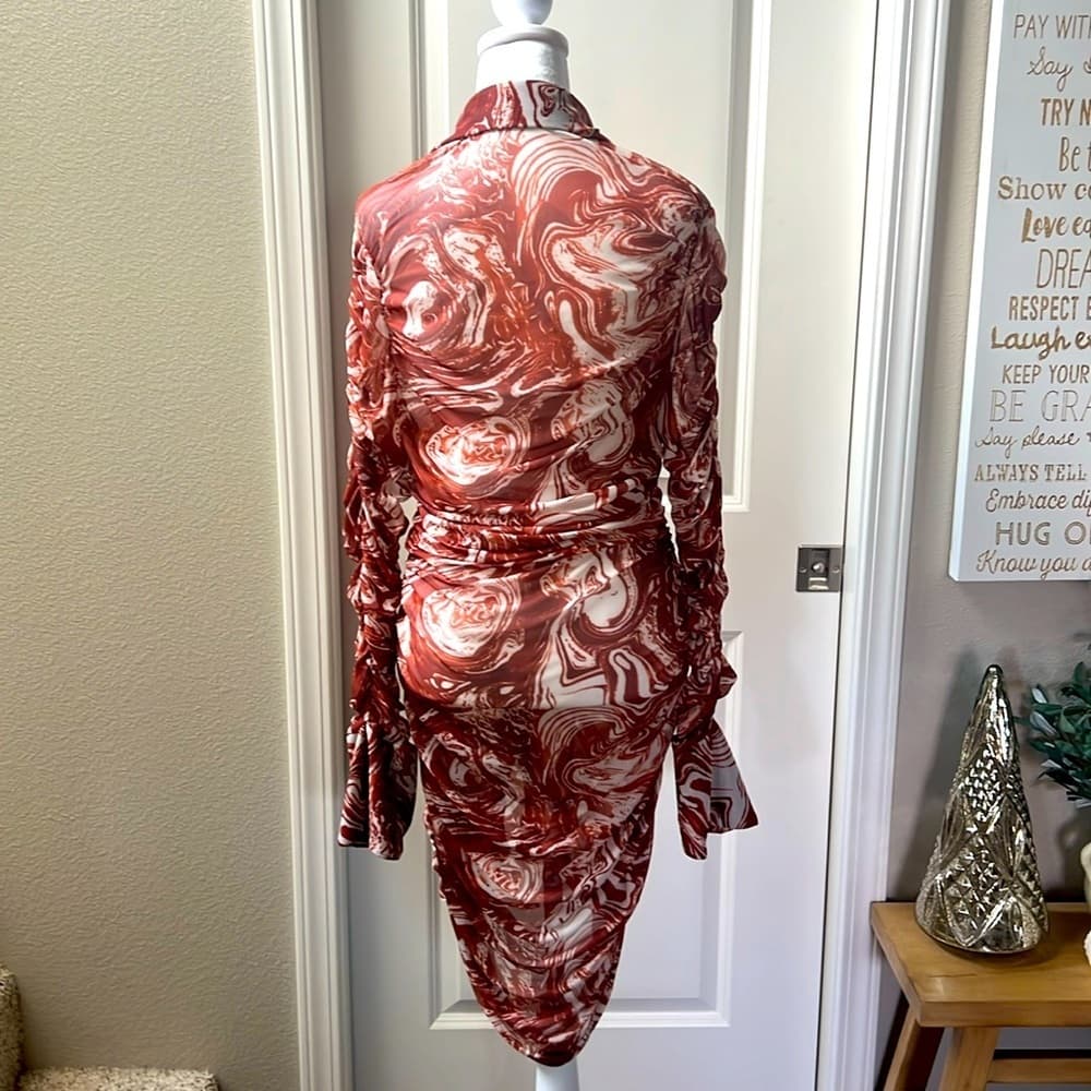 Chocolate brown gathered see through button long sleeve stretchy dress brown XL - Thumbnail 7