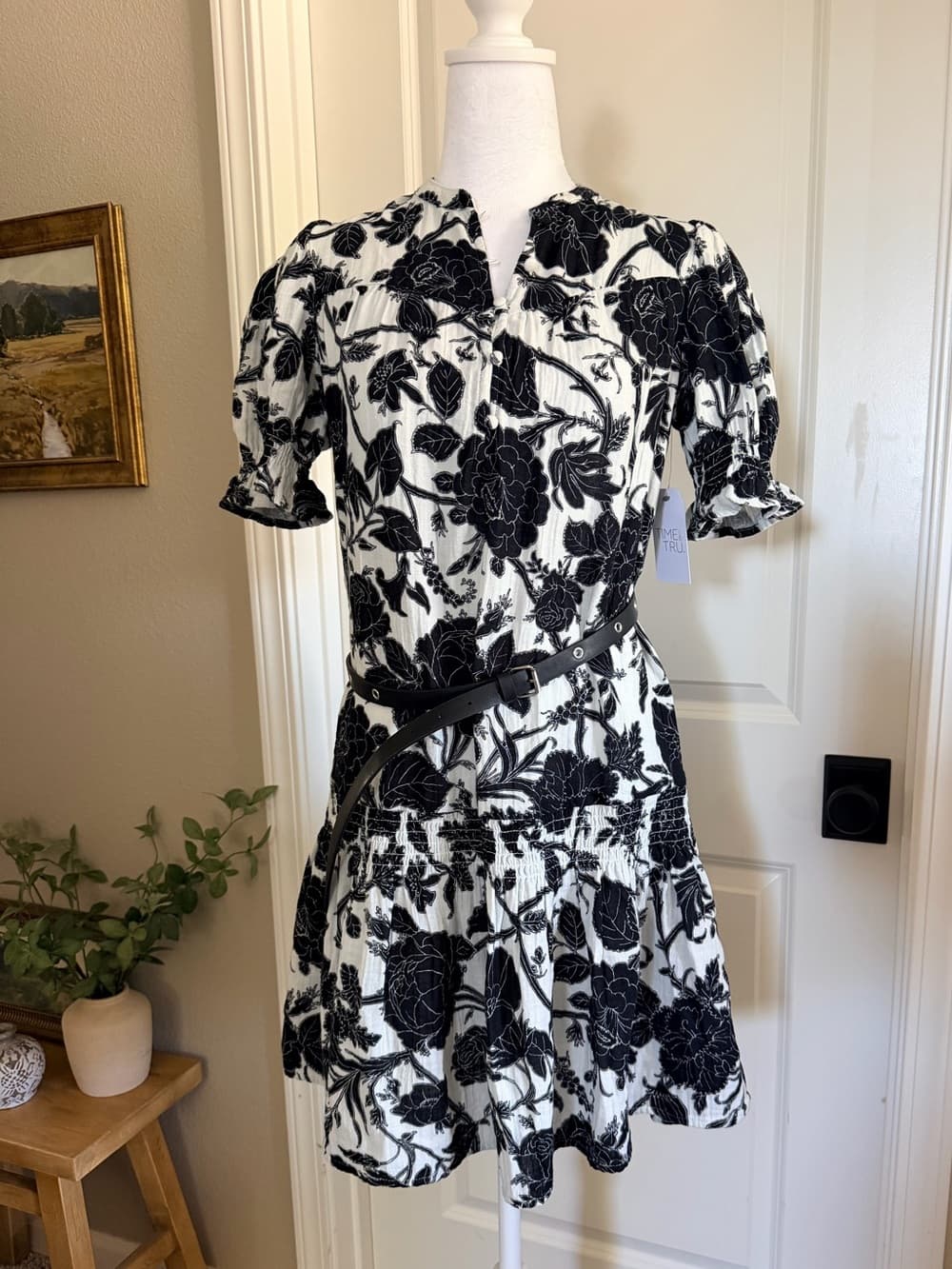 Floral Black Beige Low Waist Cotton Gauze Feel Summer Dress Size XS 0 2 TM - Thumbnail 3