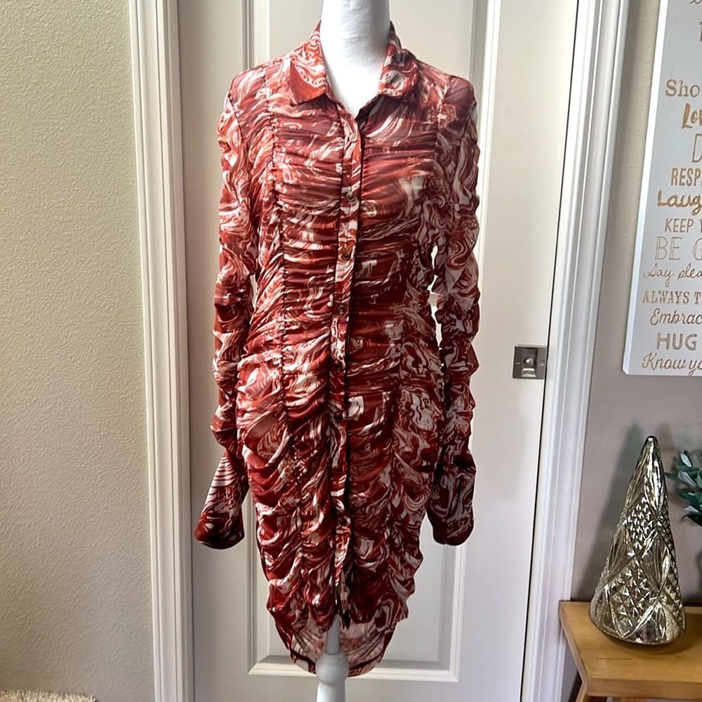 Chocolate brown gathered see through button long sleeve stretchy dress brown XL - Thumbnail 6
