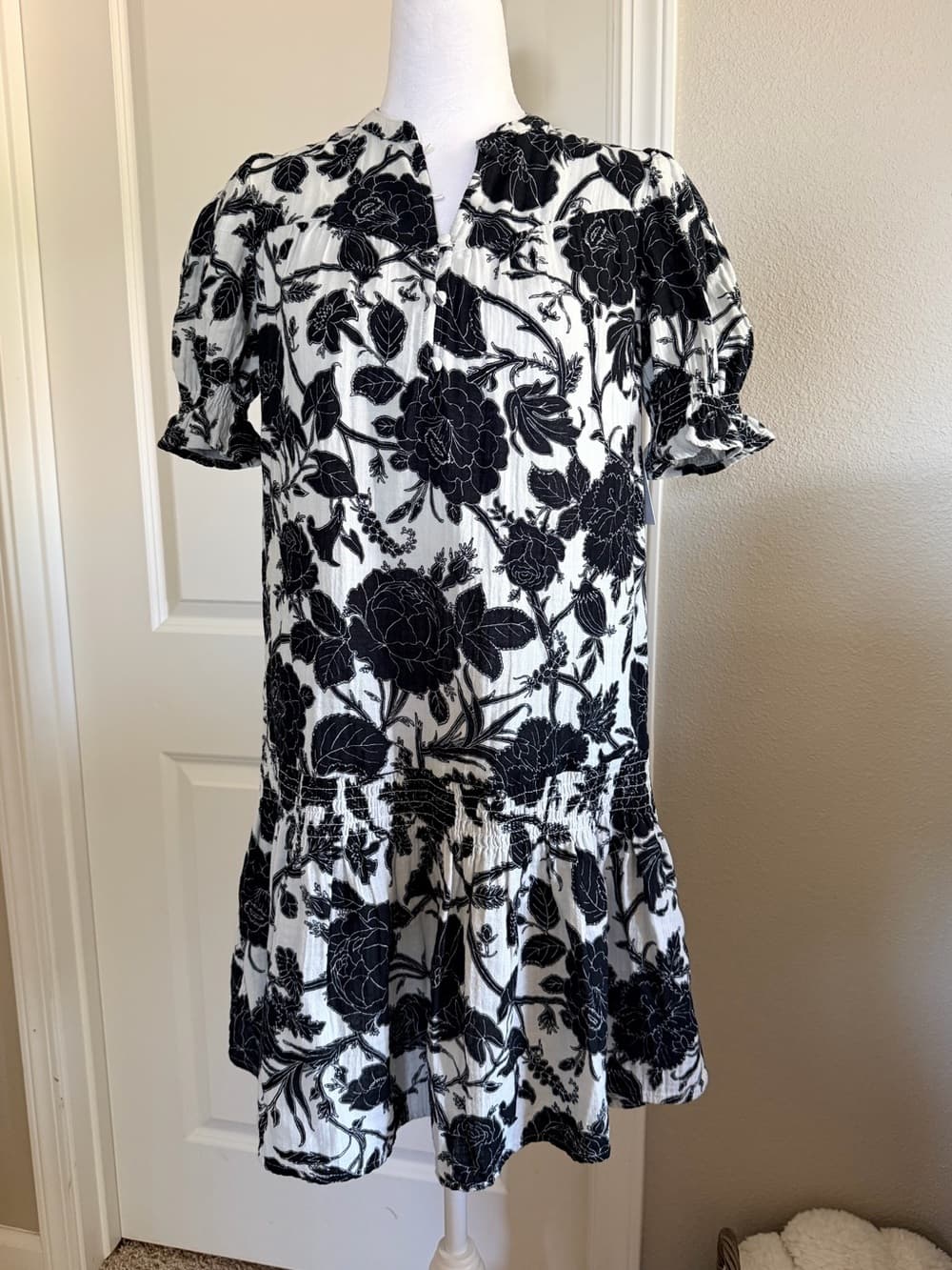 Floral Black Beige Low Waist Cotton Gauze Feel Summer Dress Size XS 0 2 TM - Thumbnail 2