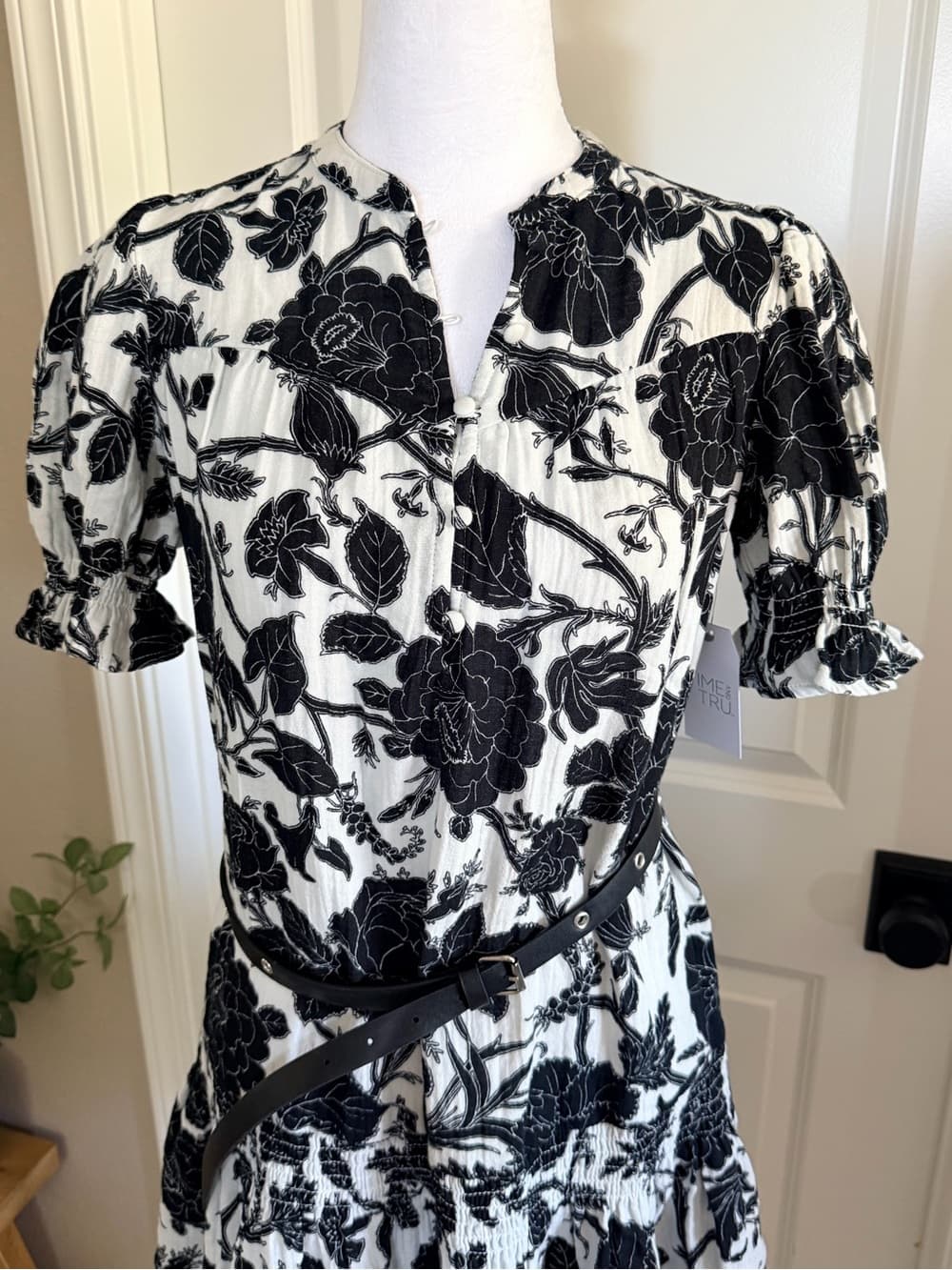 Floral Black Beige Low Waist Cotton Gauze Feel Summer Dress Size XS 0 2 TM - Thumbnail 4