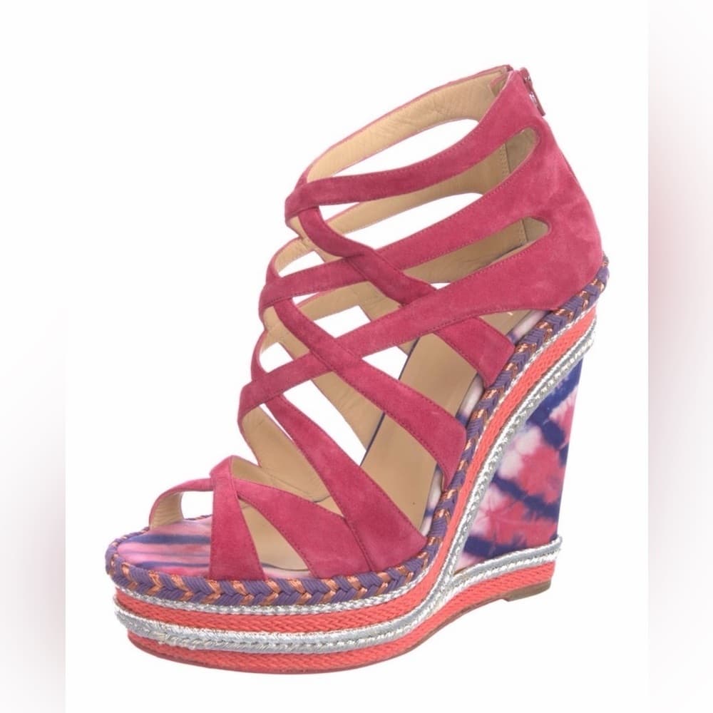 Christian Louboutin Tosca Espadrille Pink Suede Leather Strap Wedge Sandals 39 - Thumbnail 2
