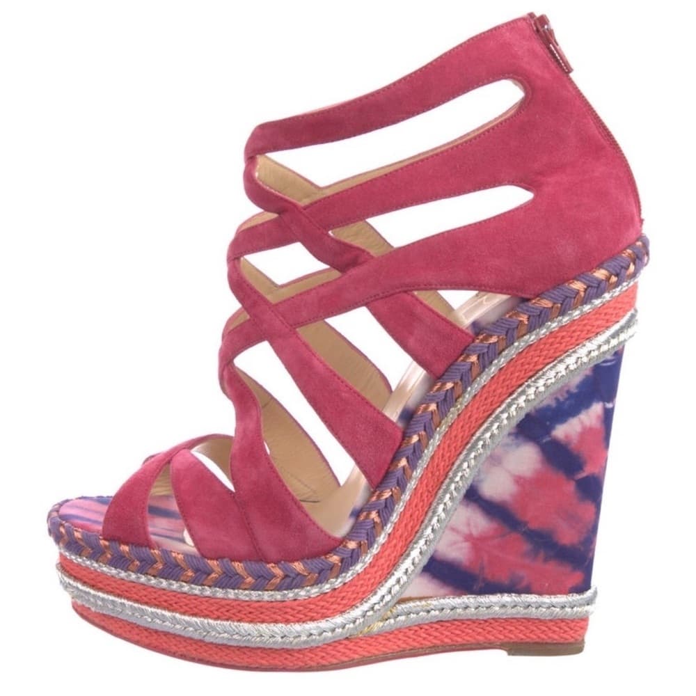 Christian Louboutin Tosca Espadrille Pink Suede Leather Strap Wedge Sandals 39 - Thumbnail 3