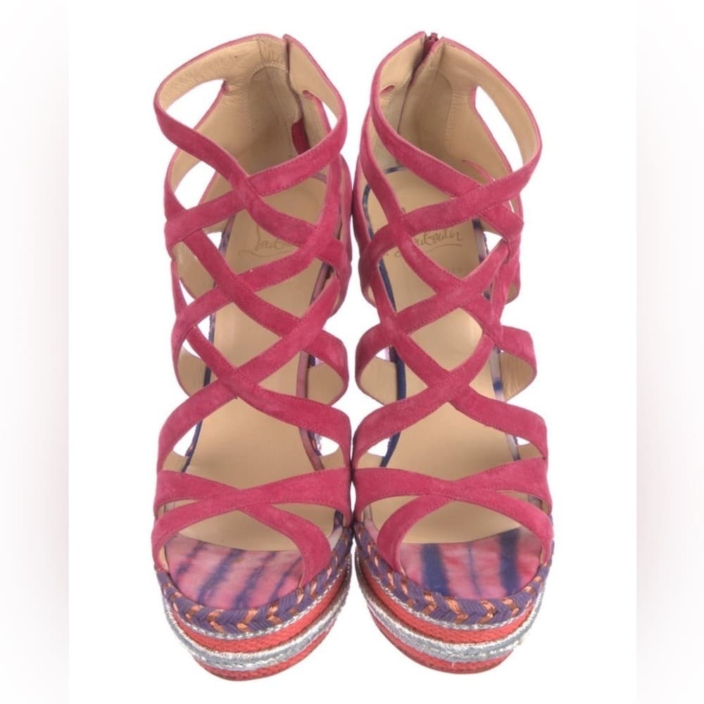 Christian Louboutin Tosca Espadrille Pink Suede Leather Strap Wedge Sandals 39 - Thumbnail 4