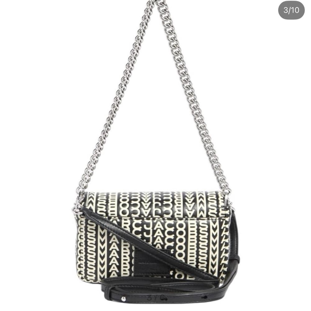 NEW MARC JABOBS Logo Monogram Silver Chain Leather Crossbody Bag Black Cream - Thumbnail 5