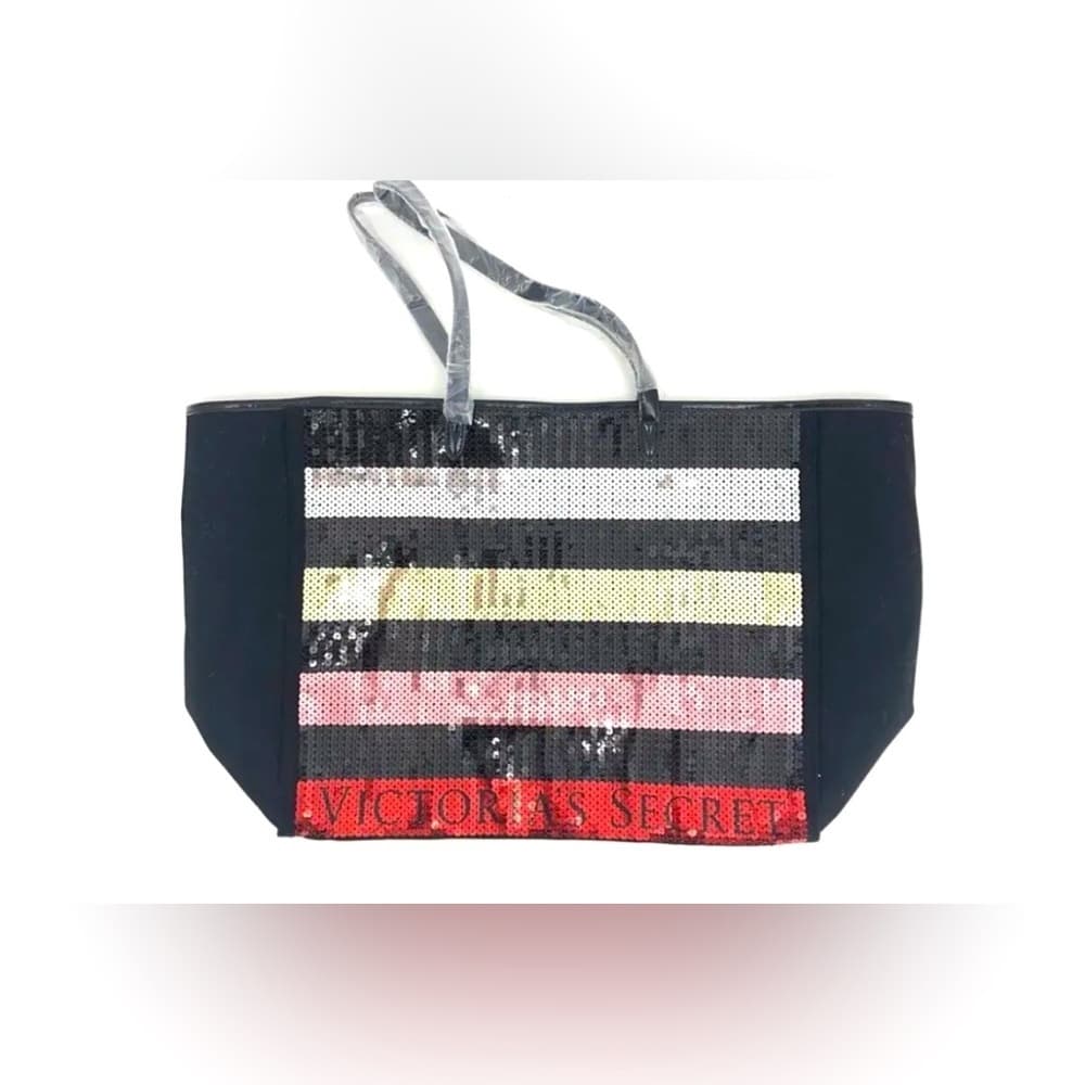 NEW VICTORIA'S SECRET BLING STRIPE SEQUINS CARRYALL TOTE & MATCHING WRISTLET SET - Thumbnail 3