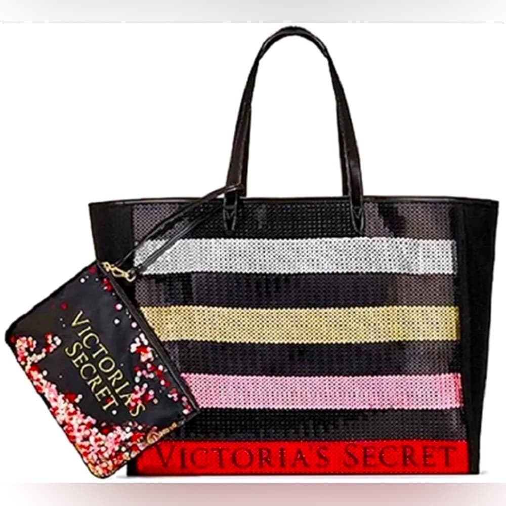 NEW VICTORIA'S SECRET BLING STRIPE SEQUINS CARRYALL TOTE & MATCHING WRISTLET SET - Thumbnail 2