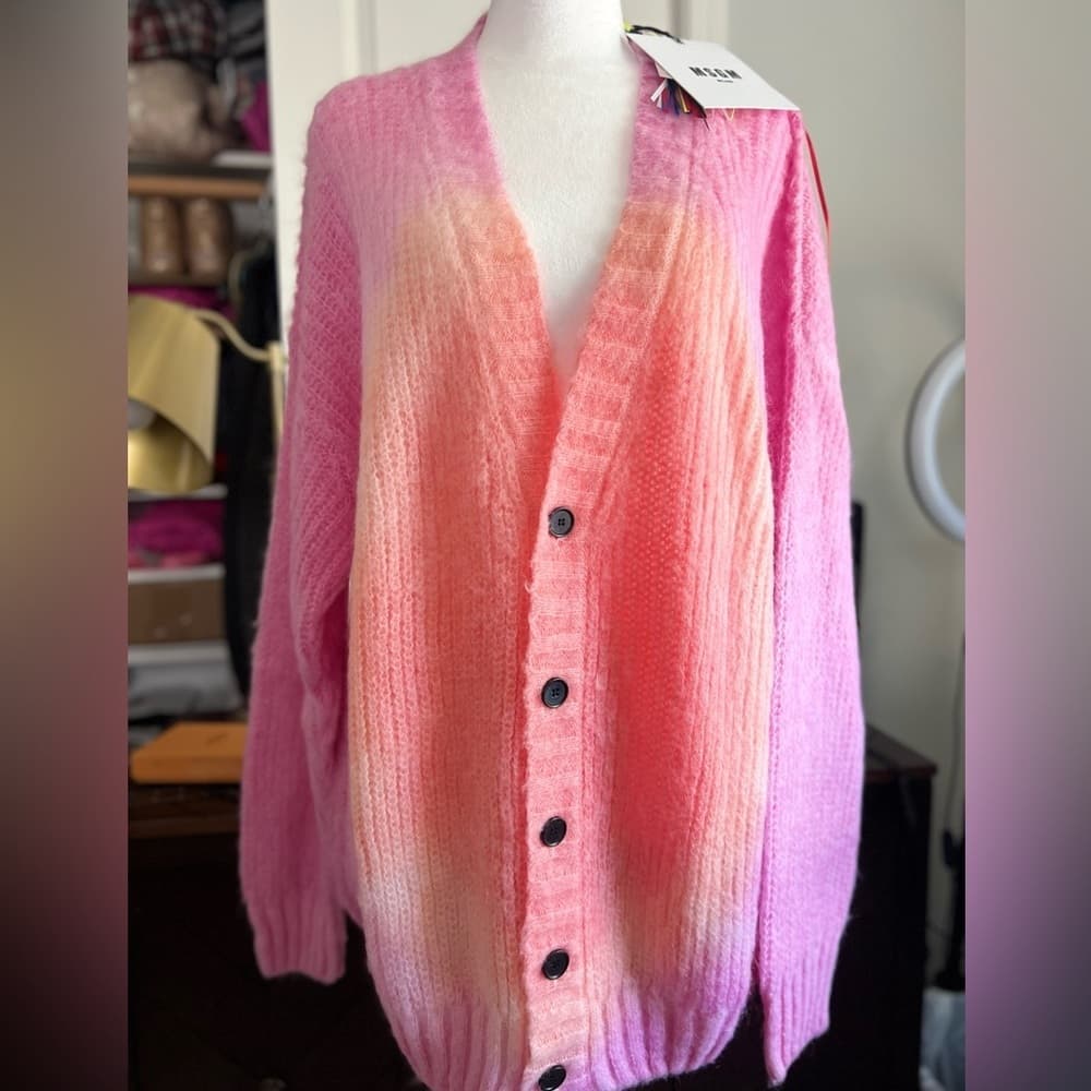 NEW MSGM Gradient Mohair Tie Dye Button Down Cardigan Oversized Sweater L - Thumbnail 7