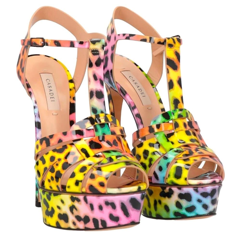 CASADEI FLORA Leopard Colorful Patent Leather Platform Sandal Heels EU 38.5 NEW - Thumbnail 6