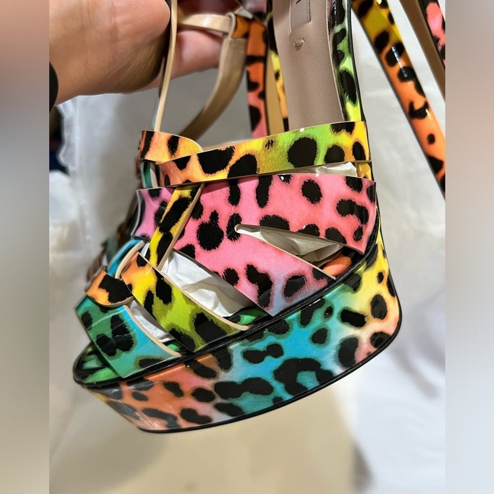 CASADEI FLORA Leopard Colorful Patent Leather Platform Sandal Heels EU 38.5 NEW - Thumbnail 11