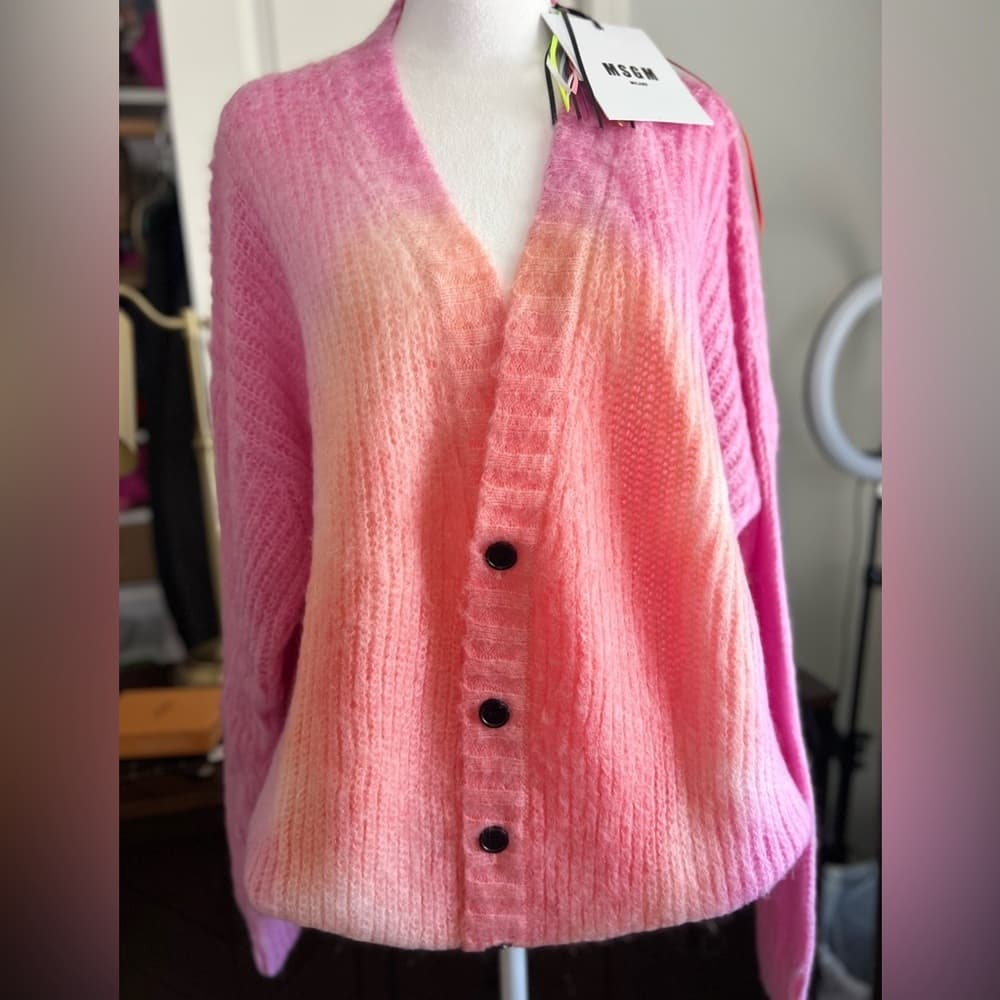 NEW MSGM Gradient Mohair Tie Dye Button Down Cardigan Oversized Sweater L - Thumbnail 5