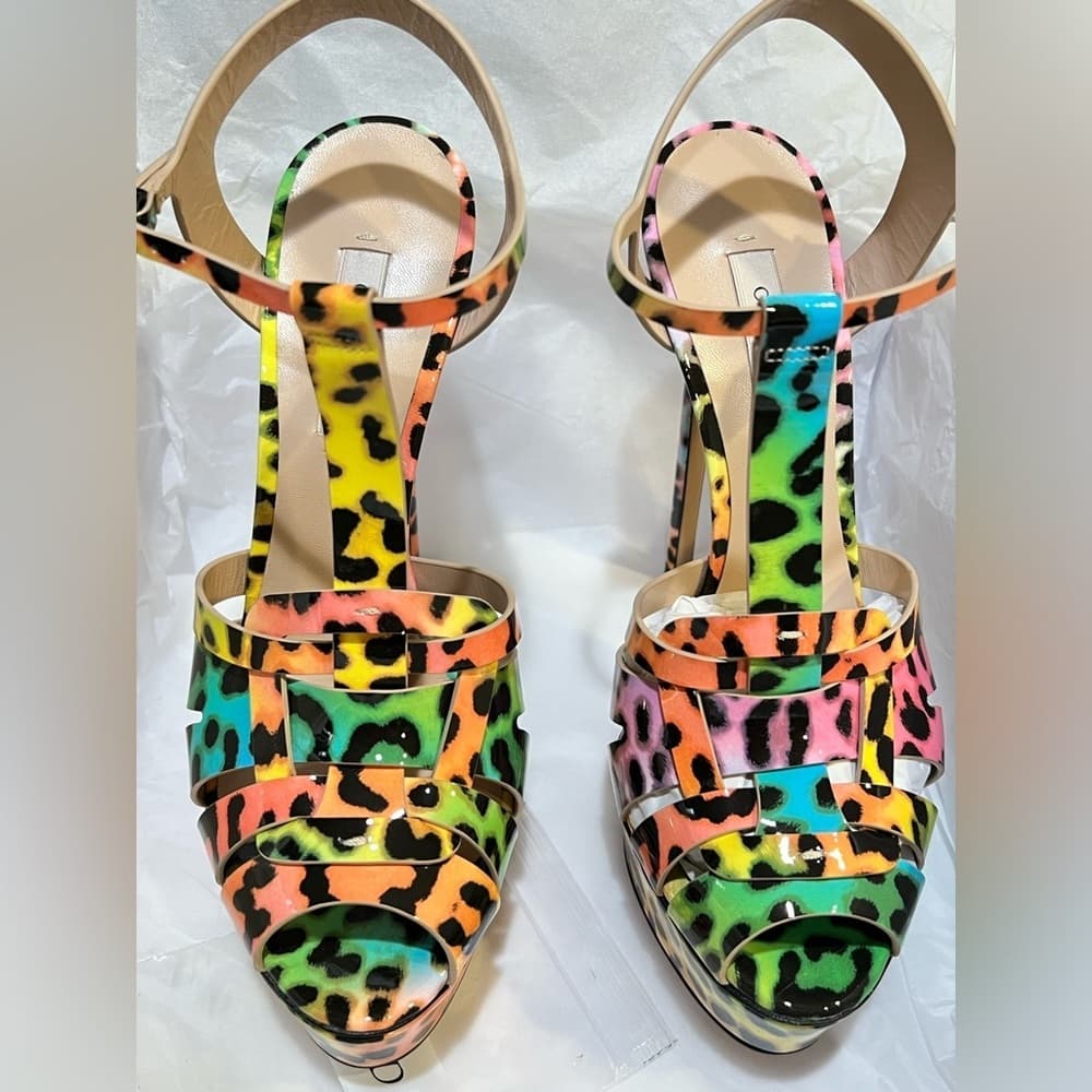 CASADEI FLORA Leopard Colorful Patent Leather Platform Sandal Heels EU 38.5 NEW - Thumbnail 4