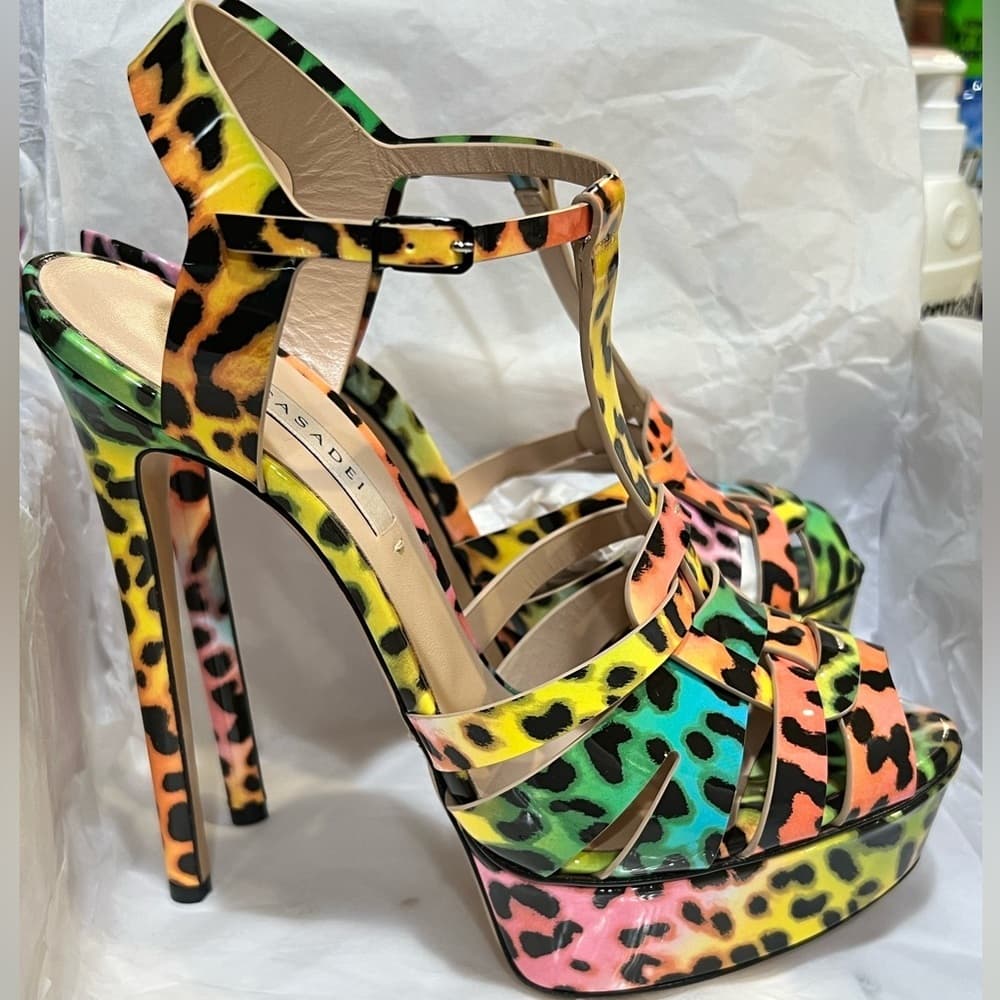 CASADEI FLORA Leopard Colorful Patent Leather Platform Sandal Heels EU 38.5 NEW - Thumbnail 5