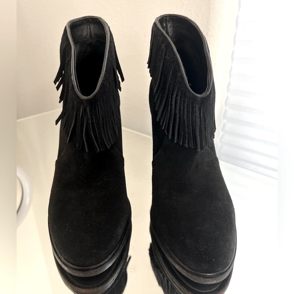 JOIE Black Leather Suede Fringe Trim Western High Heel ankle Short Booties EU 38 - Thumbnail 3