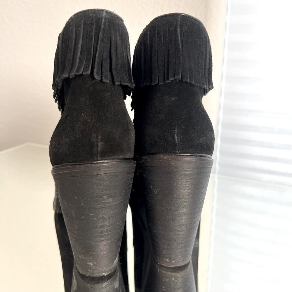 JOIE Black Leather Suede Fringe Trim Western High Heel ankle Short Booties EU 38 - Thumbnail 4