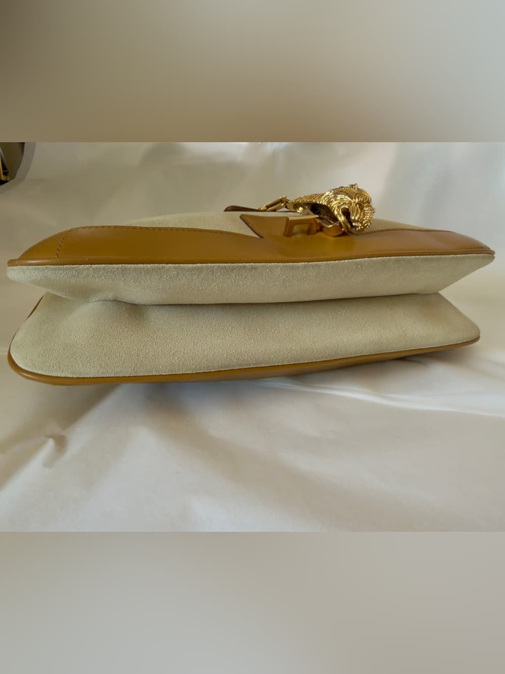 Gucci Vintage Tiger Head Chain Shoulder Bag Beige Suede Tan Leather Tom Ford Era - Thumbnail 6