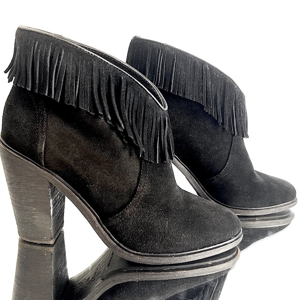 JOIE Black Leather Suede Fringe Trim Western High Heel ankle Short Booties EU 38 - Thumbnail 2