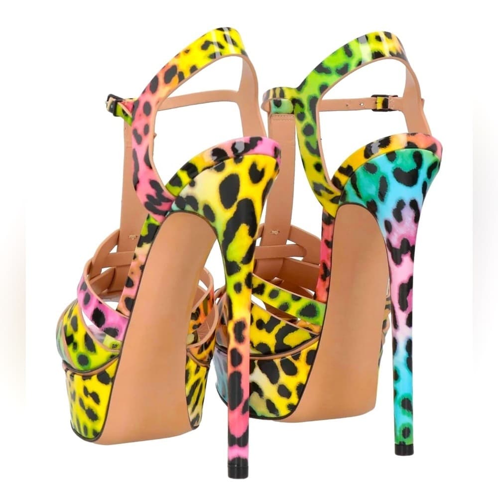 CASADEI FLORA Leopard Colorful Patent Leather Platform Sandal Heels EU 38.5 NEW - Thumbnail 7