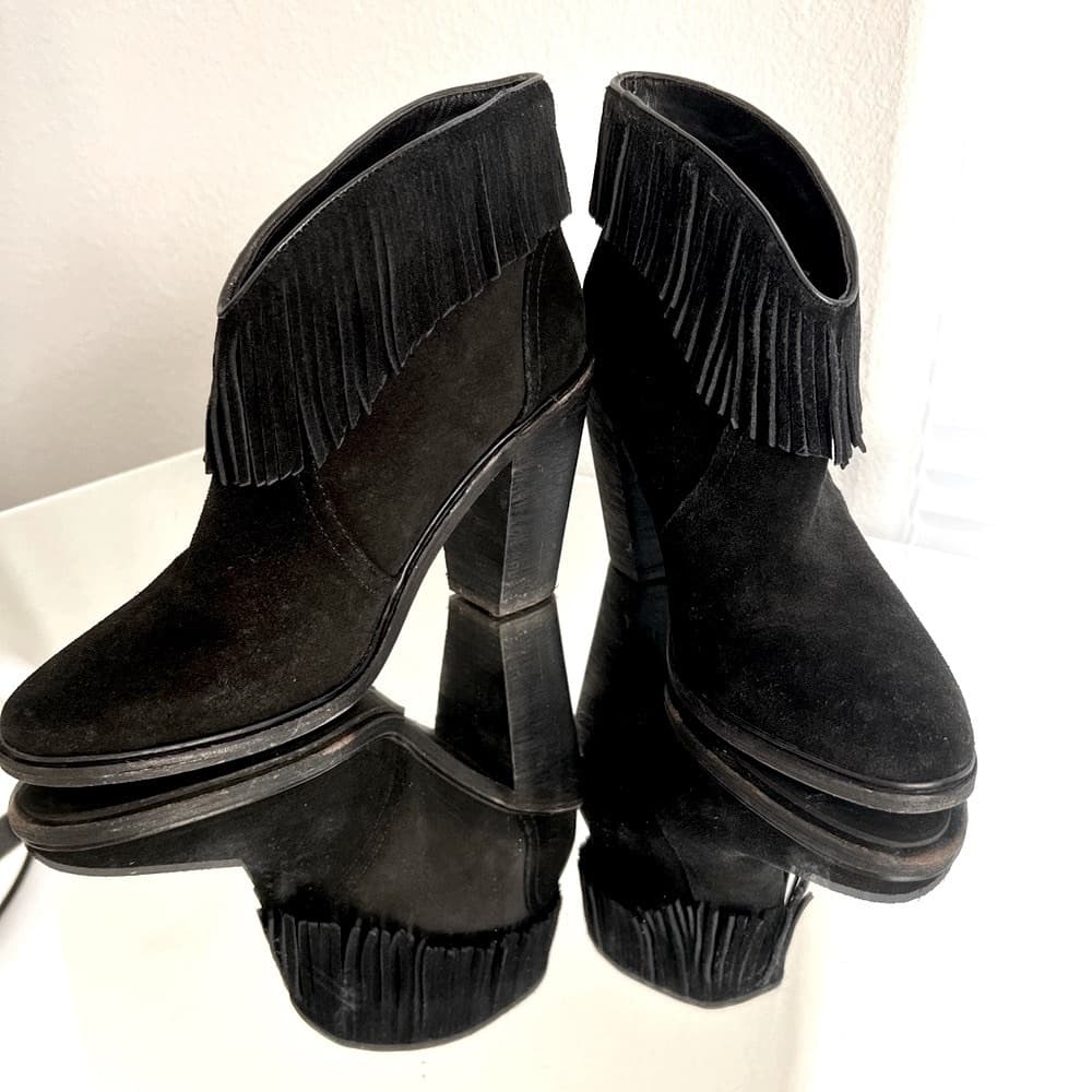 JOIE Black Leather Suede Fringe Trim Western High Heel ankle Short Booties EU 38 - Thumbnail 6