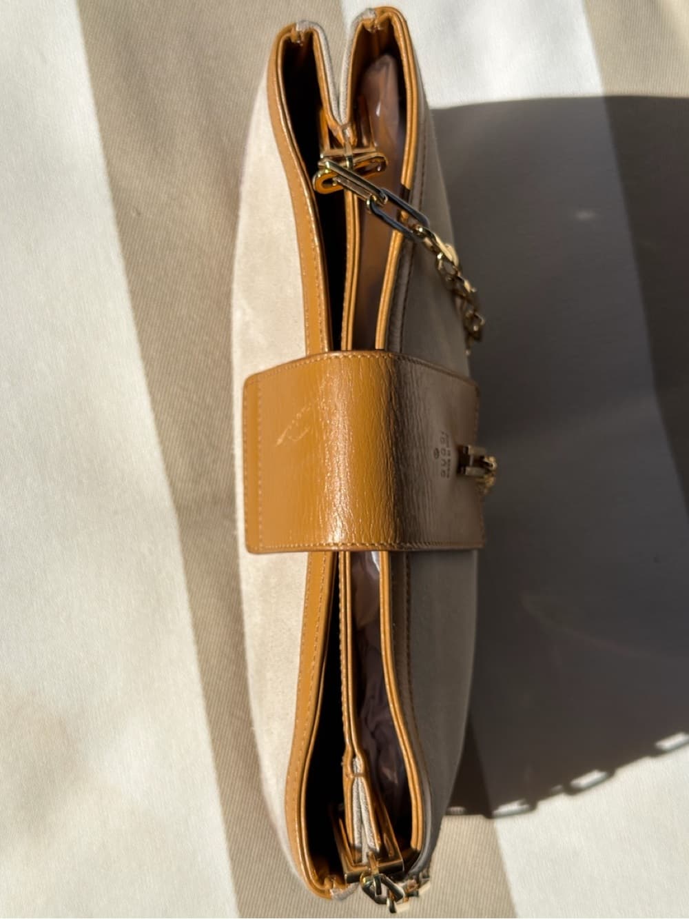 Gucci Vintage Tiger Head Chain Shoulder Bag Beige Suede Tan Leather Tom Ford Era - Thumbnail 11