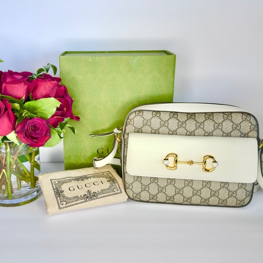 GUCCI Horsebit 1955 Ivory Brown GG Supreme Leather Crossbody Shoulder Bag + COA - Thumbnail 3