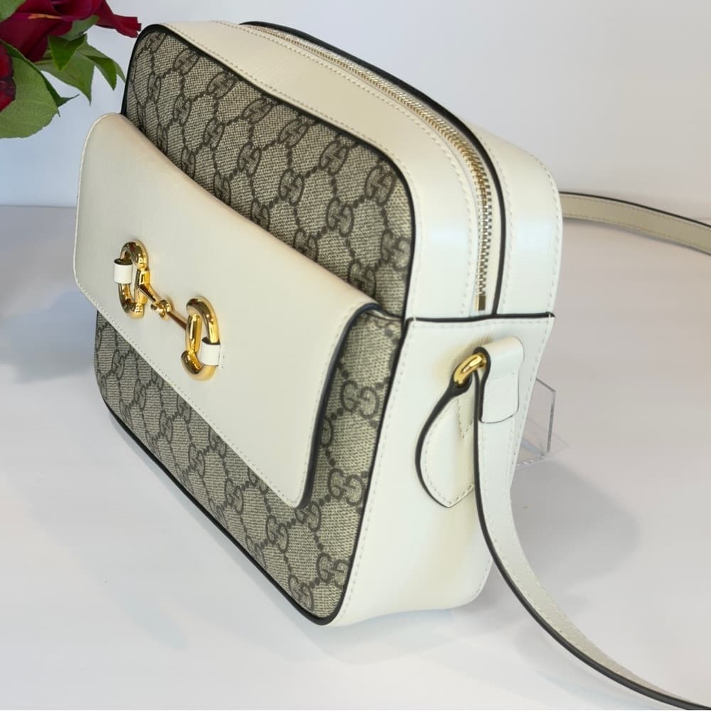 GUCCI Horsebit 1955 Ivory Brown GG Supreme Leather Crossbody Shoulder Bag + COA - Thumbnail 5