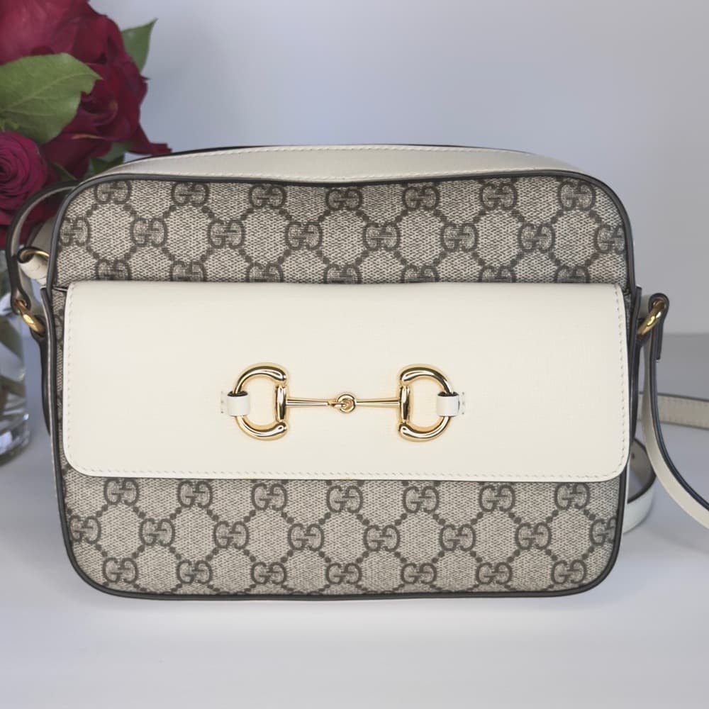 GUCCI Horsebit 1955 Ivory Brown GG Supreme Leather Crossbody Shoulder Bag + COA - Thumbnail 2