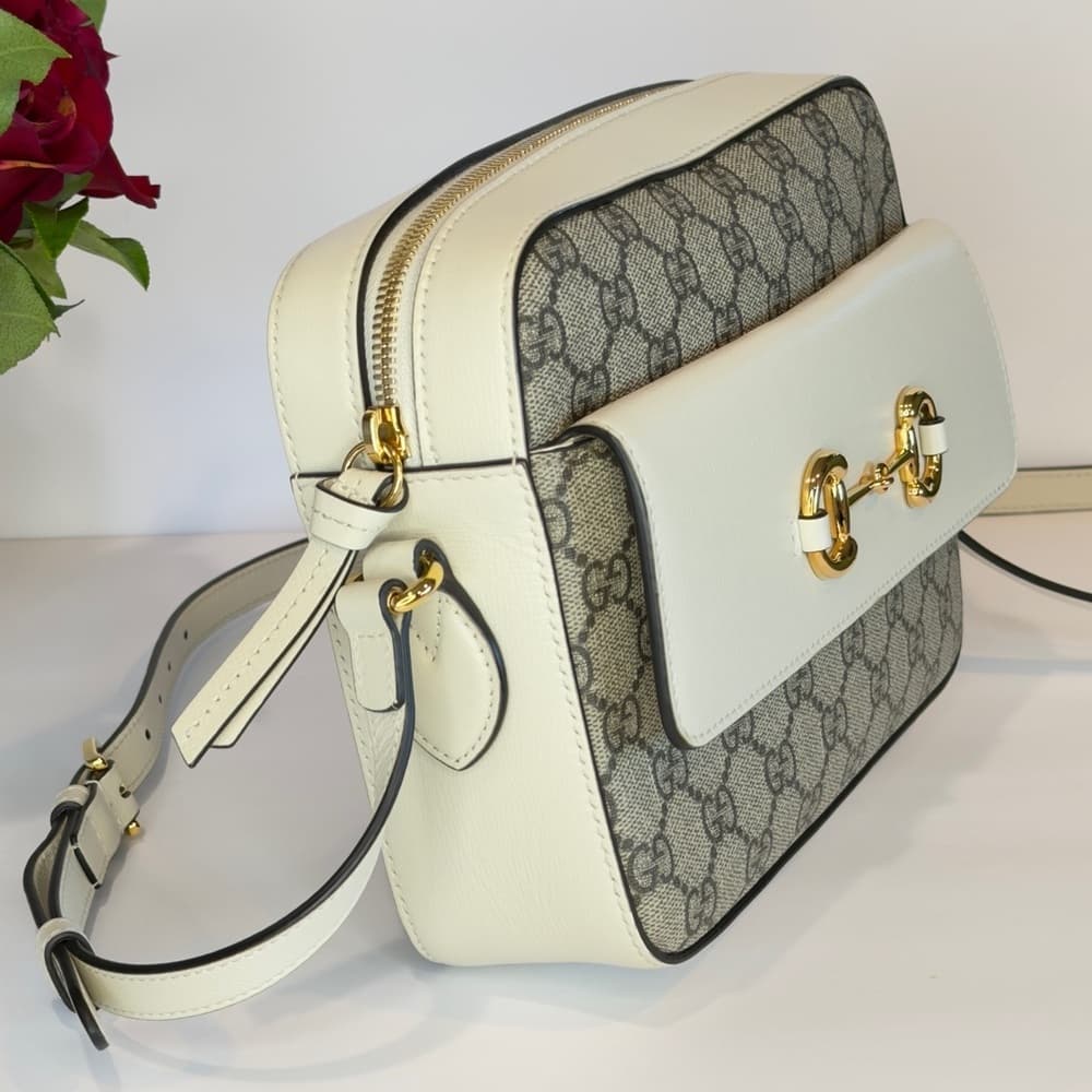 GUCCI Horsebit 1955 Ivory Brown GG Supreme Leather Crossbody Shoulder Bag + COA - Thumbnail 4