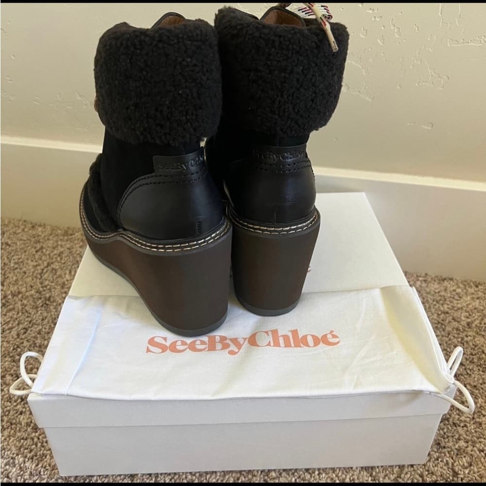 NEW See by CHLOÉ Chocolate Brown Wedge SHEARLING Fur Winter Hiking Booties EU 41 - Thumbnail 4