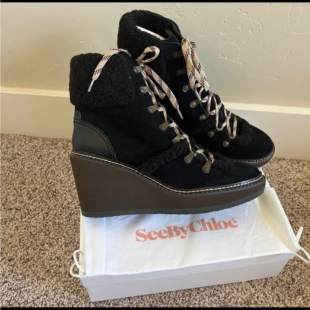 NEW See by CHLOÉ Chocolate Brown Wedge SHEARLING Fur Winter Hiking Booties EU 41 - Thumbnail 3