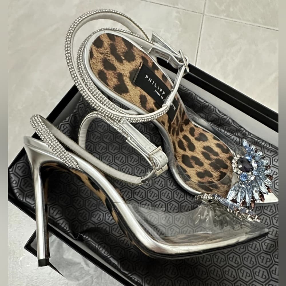NEW PHILIPP PLEIN Decollete Silver Crystal Clear PVC Skull High Heels EU 39 - Thumbnail 3