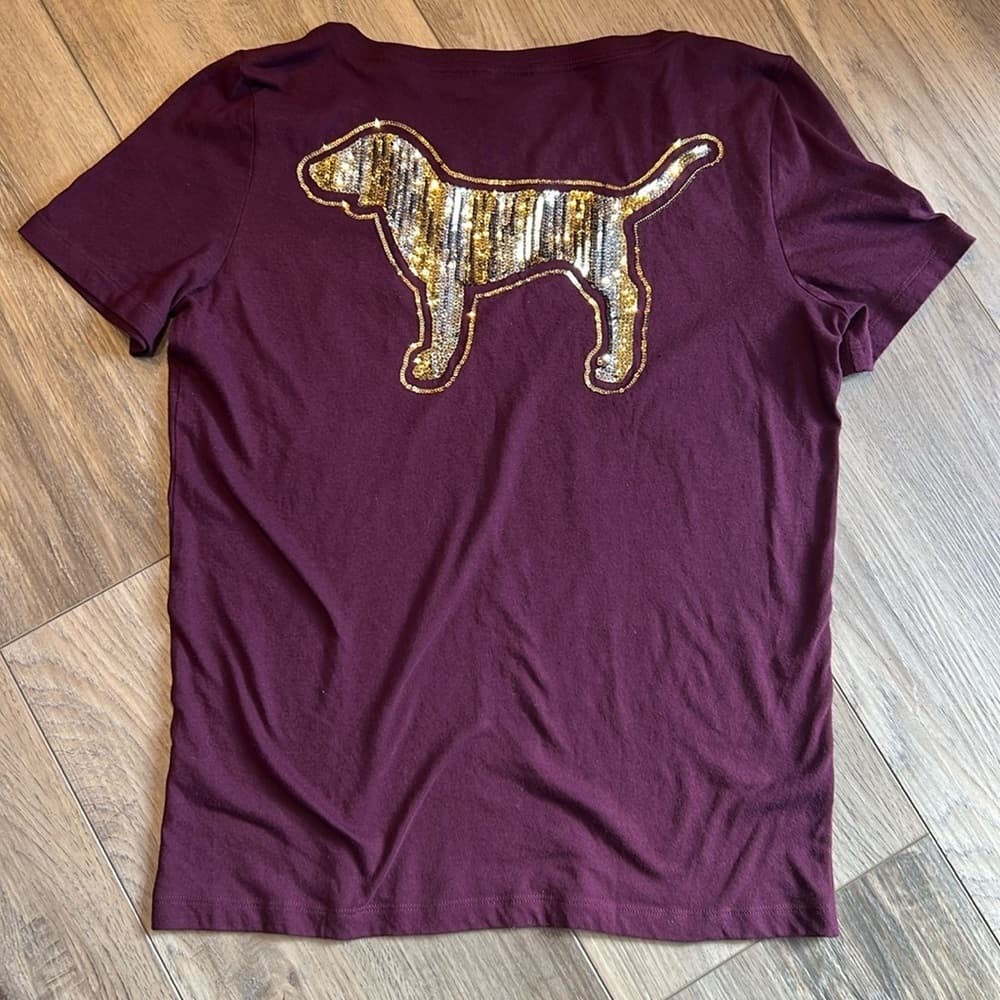 NEW 🌟 Victorias Secret VS PINK BLING Perfect V Neck T Shirt SEQUINS DOG Medium - Thumbnail 5