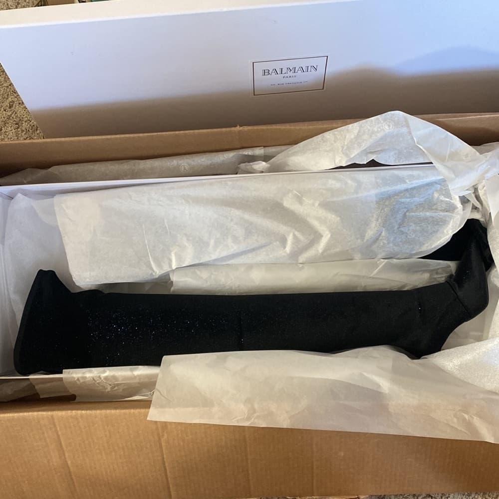 NEW BALMAIN AMAZONE Tall Thigh High Black Velvet Leather Boots EU 39.5 - Thumbnail 6