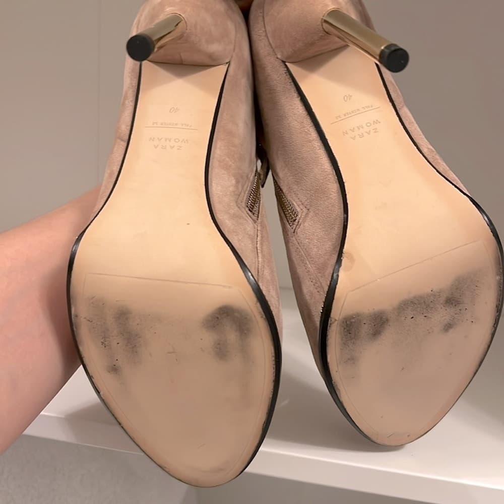 🎉 EUC ZARA WOMAN Tan suede Platform Booties with Gold Accent Heels size 40 EUR - Thumbnail 8
