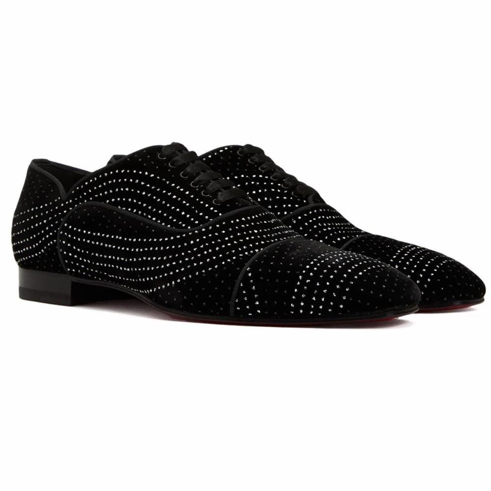 Christian Louboutin CL Greggy Chick Black Velvet Studded Ribbon Lace Size US 8.5 - Thumbnail 4