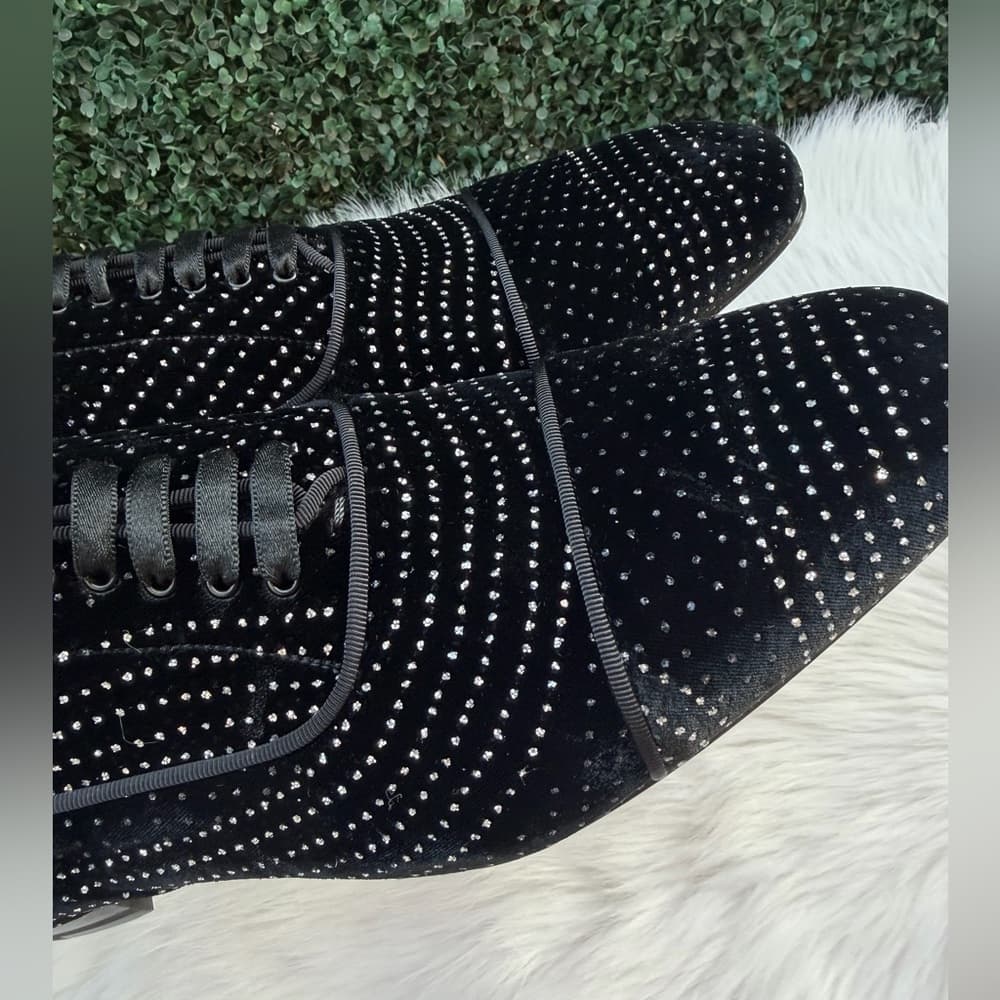 Christian Louboutin CL Greggy Chick Black Velvet Studded Ribbon Lace Size US 8.5 - Thumbnail 2