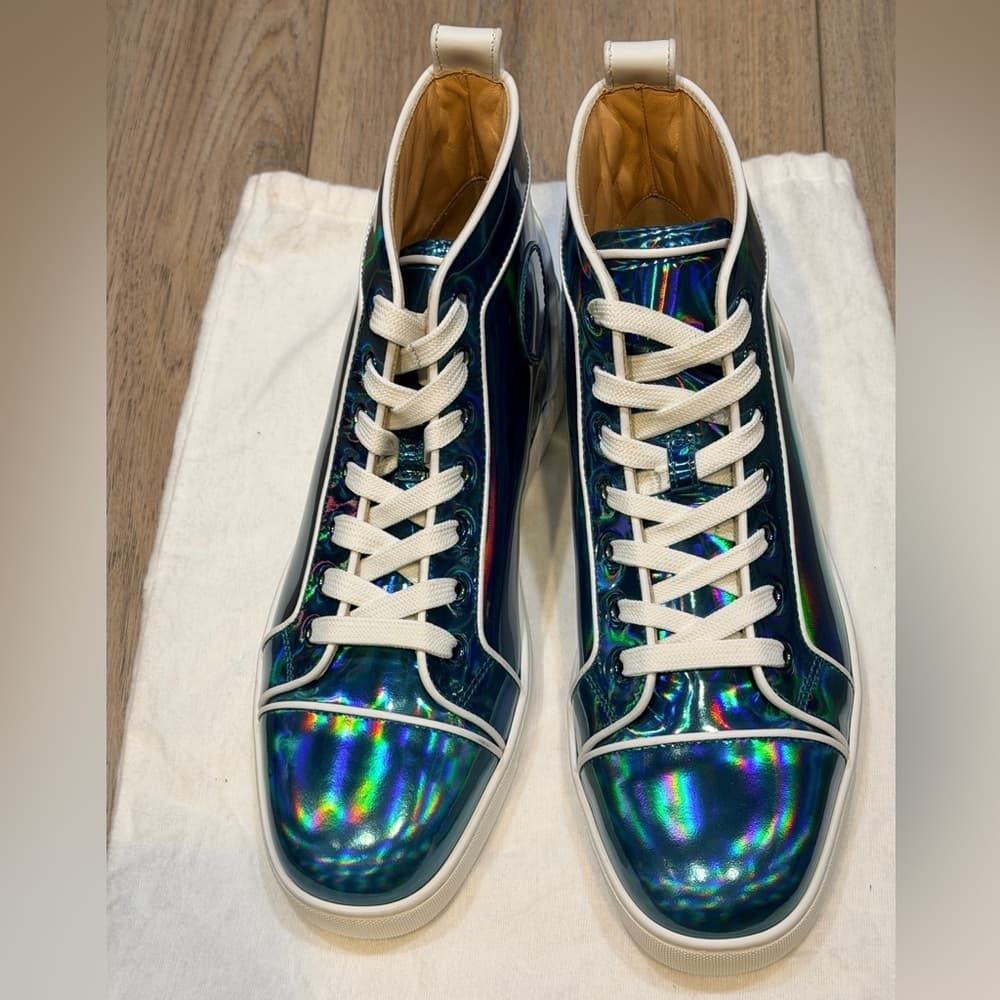 $995 CHRISTIAN LOUBOUTIN Patent Leather Blue Psychic Fun Hi Top Sneakers 41 EU 8 - Thumbnail 6