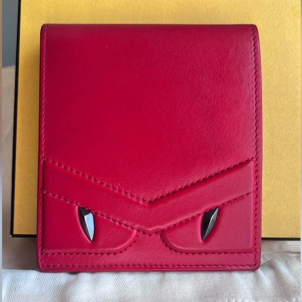 FENDI Monster Metal Bug Eyes Red & Black Leather Bifold Card Bill Wallet RARE - Thumbnail 3