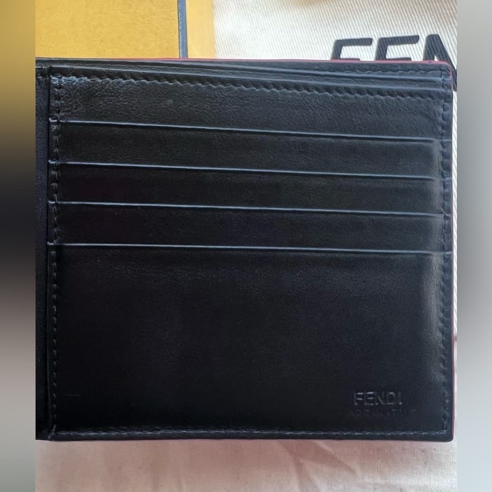 FENDI Monster Metal Bug Eyes Red & Black Leather Bifold Card Bill Wallet RARE - Thumbnail 11