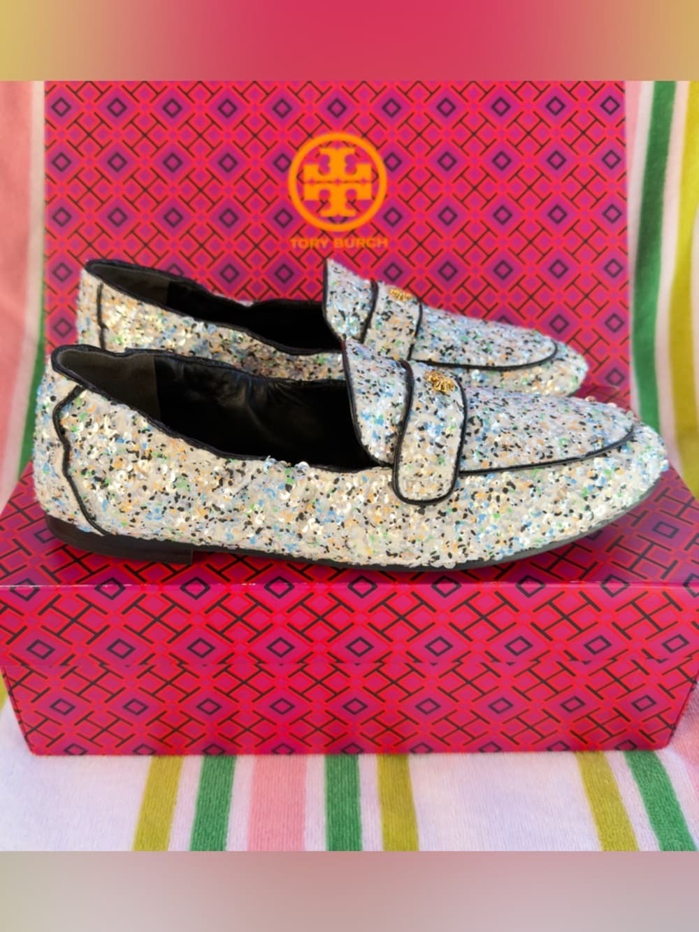 Tory Burch Ballet Mirror Sequin Navy Leather Trim Loafers US 8.5 Box NEW - Thumbnail 6
