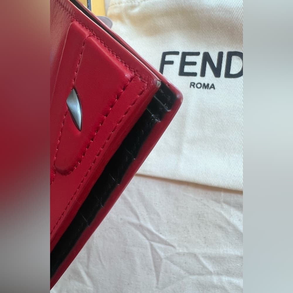 FENDI Monster Metal Bug Eyes Red & Black Leather Bifold Card Bill Wallet RARE - Thumbnail 4