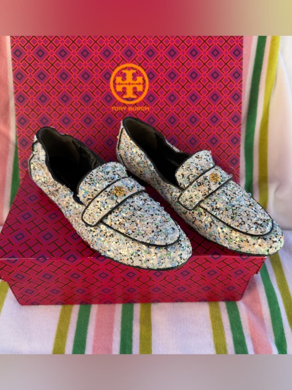 Tory Burch Ballet Mirror Sequin Navy Leather Trim Loafers US 8.5 Box NEW - Thumbnail 3
