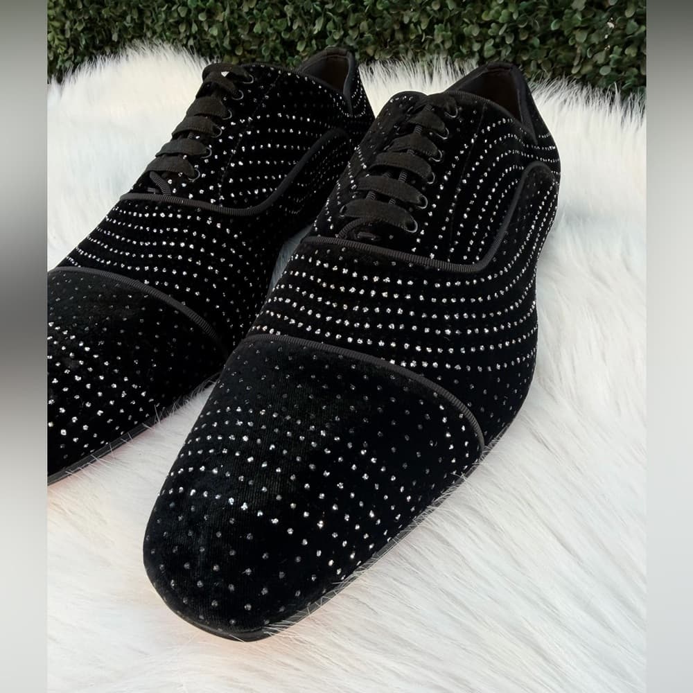 Christian Louboutin CL Greggy Chick Black Velvet Studded Ribbon Lace Size US 8.5 - Thumbnail 7