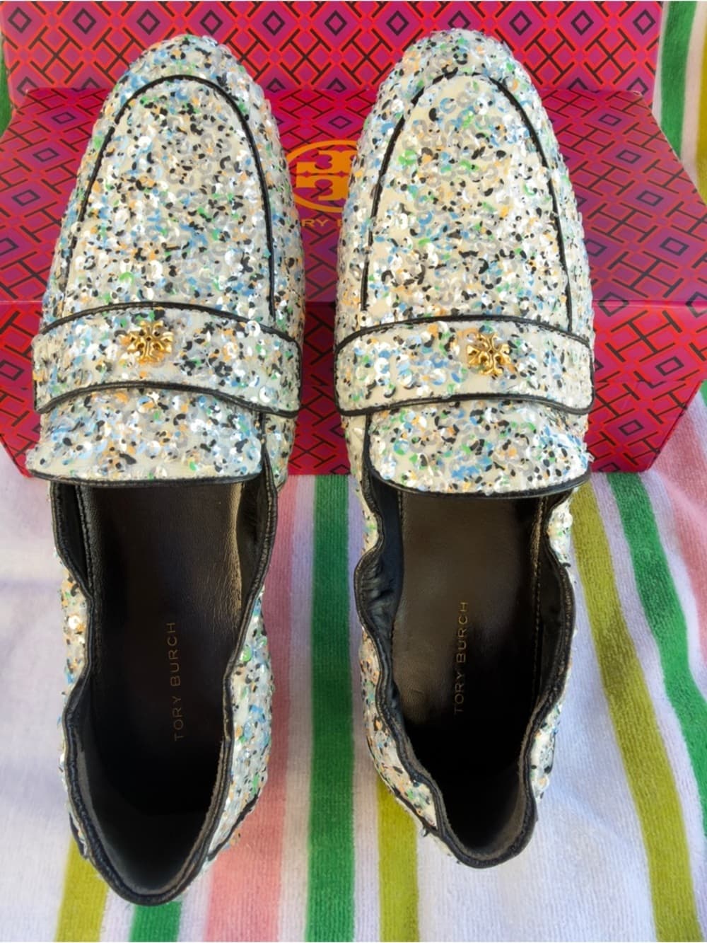 Tory Burch Ballet Mirror Sequin Navy Leather Trim Loafers US 8.5 Box NEW - Thumbnail 7