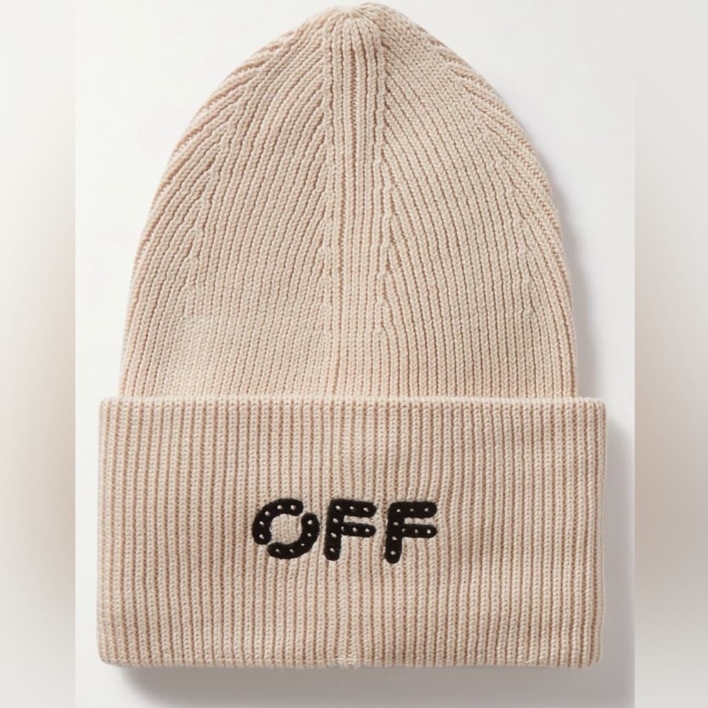 NEW OFF WHITE Ribbed Beanie Hat Sand Black Logo Cotton Cashmere Blend w/ Tags - Thumbnail 2