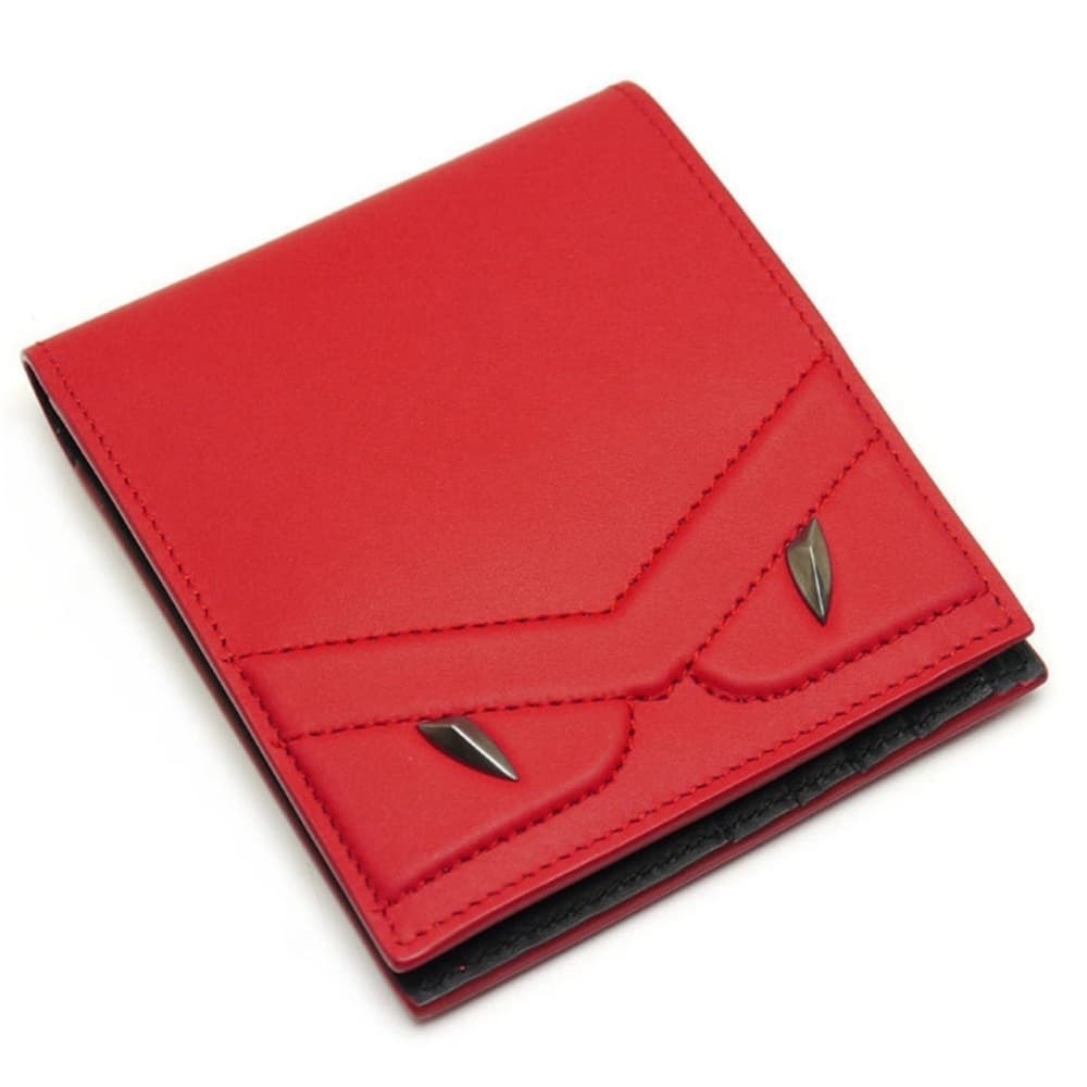 FENDI Monster Metal Bug Eyes Red & Black Leather Bifold Card Bill Wallet RARE - Thumbnail 2