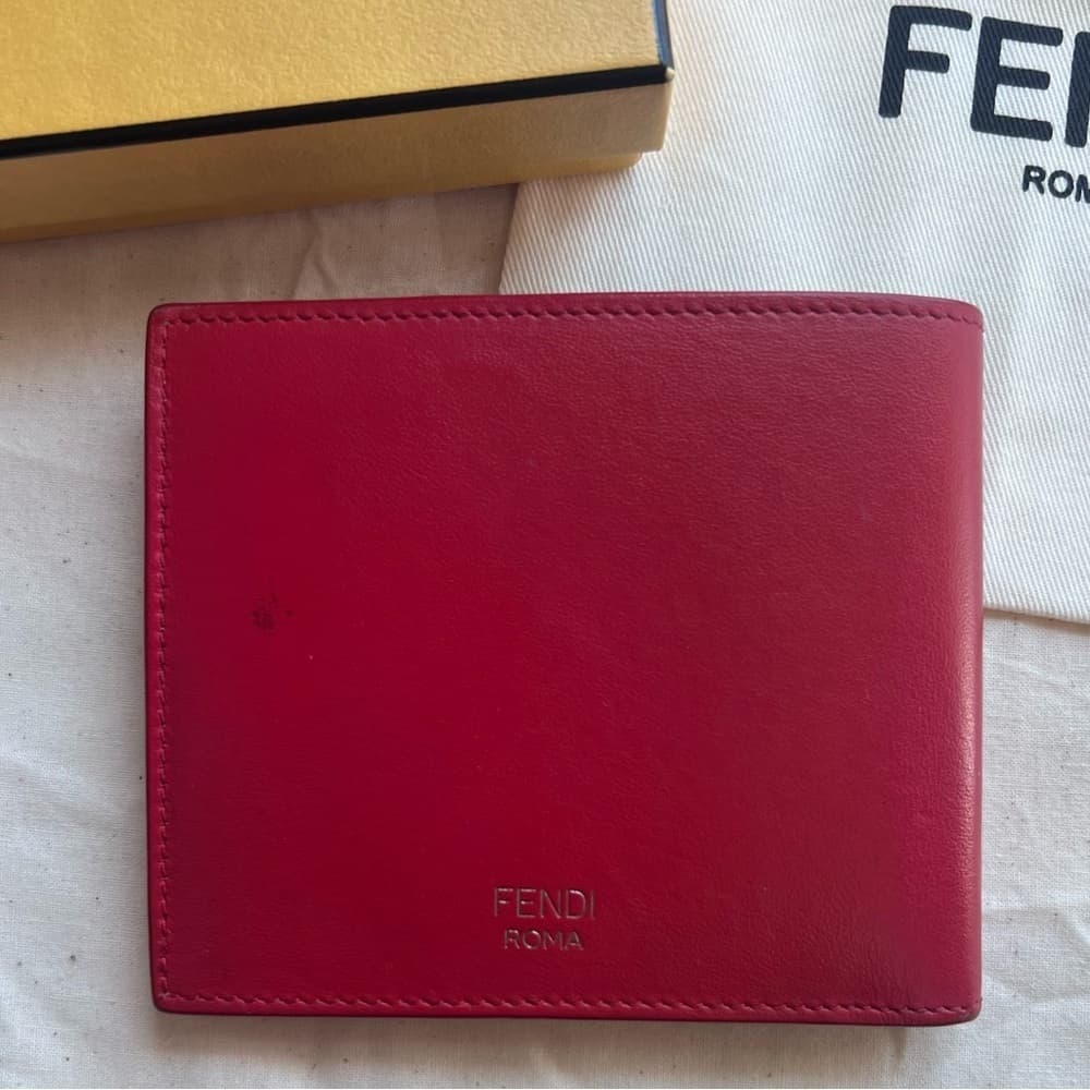 FENDI Monster Metal Bug Eyes Red & Black Leather Bifold Card Bill Wallet RARE - Thumbnail 8