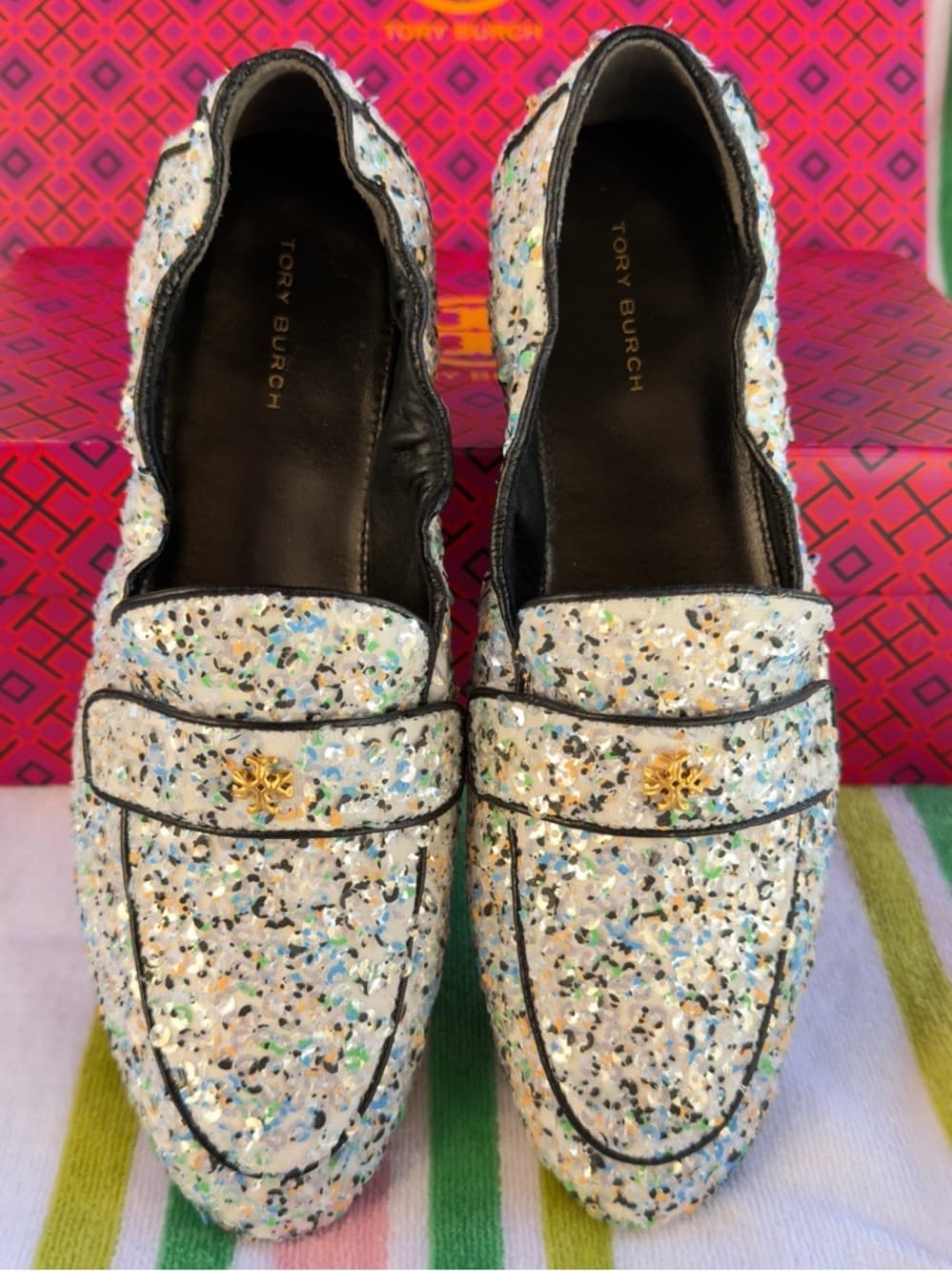 Tory Burch Ballet Mirror Sequin Navy Leather Trim Loafers US 8.5 Box NEW - Thumbnail 2
