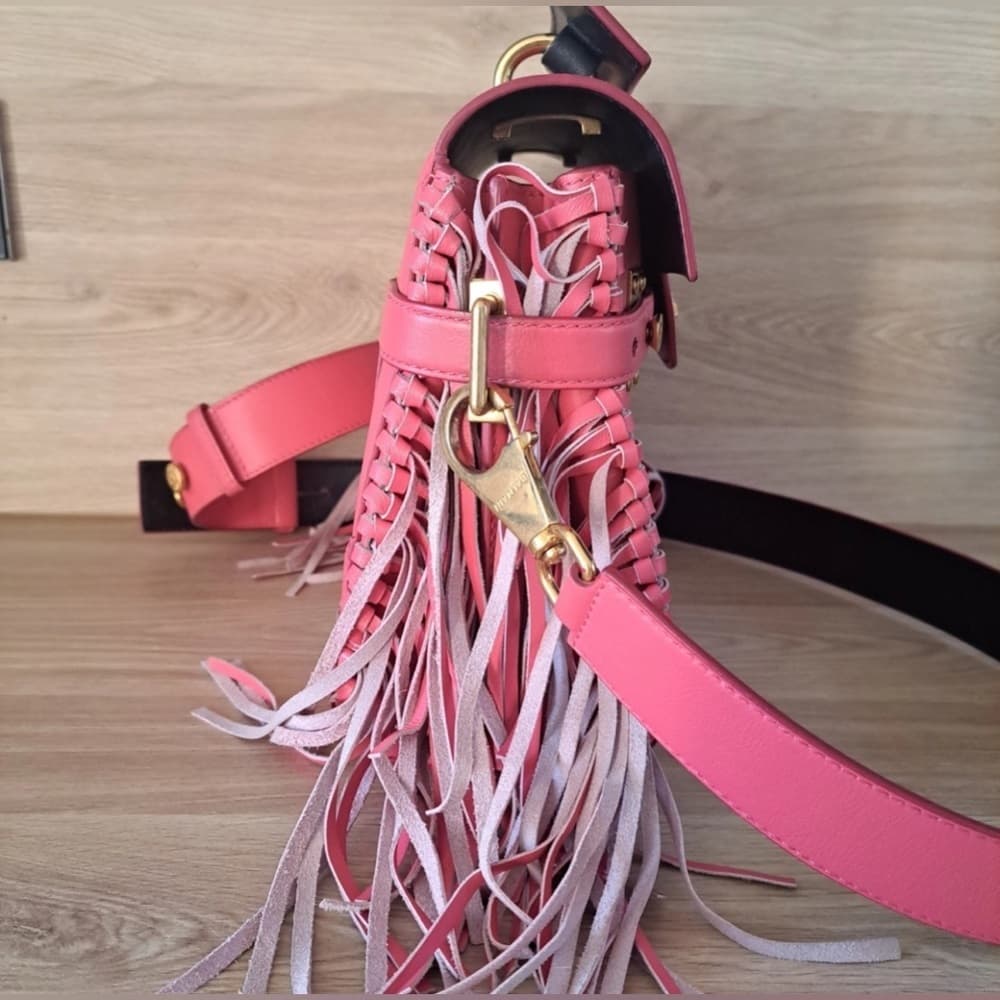 BALMAIN B BUZZ 23 Dark Pink Fringe Leather Gold Metal Hardware Shoulder Handbag - Thumbnail 8